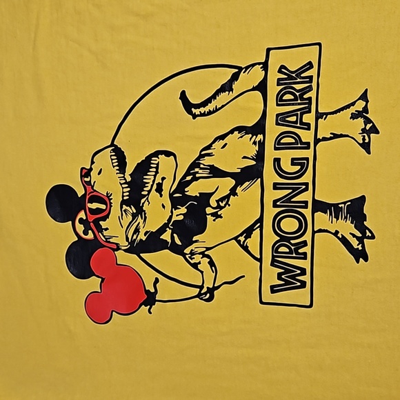 Wrong Park Disney Universal Jurassic Park yellow graphic tee Medium Mickey ears - Picture 2 of 6